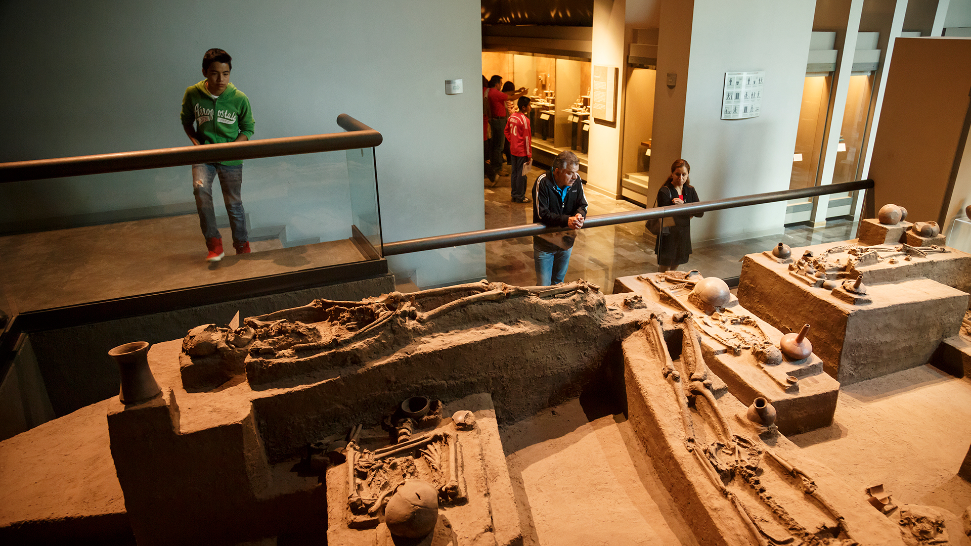 Esqueletos y piezas de antiguas en el museo de Antropología