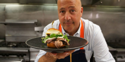 Andrew Zimmern presents his veal tongue slider with tonnato sauce. (Photo: Robin Bennefield)