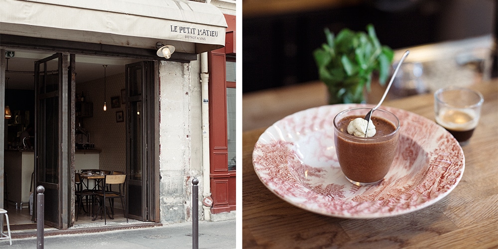 The exterior of Le Petit Matieu in Paris and an item off its menu, known for its fresh steak tartare. (Photo: Lisa Marie)