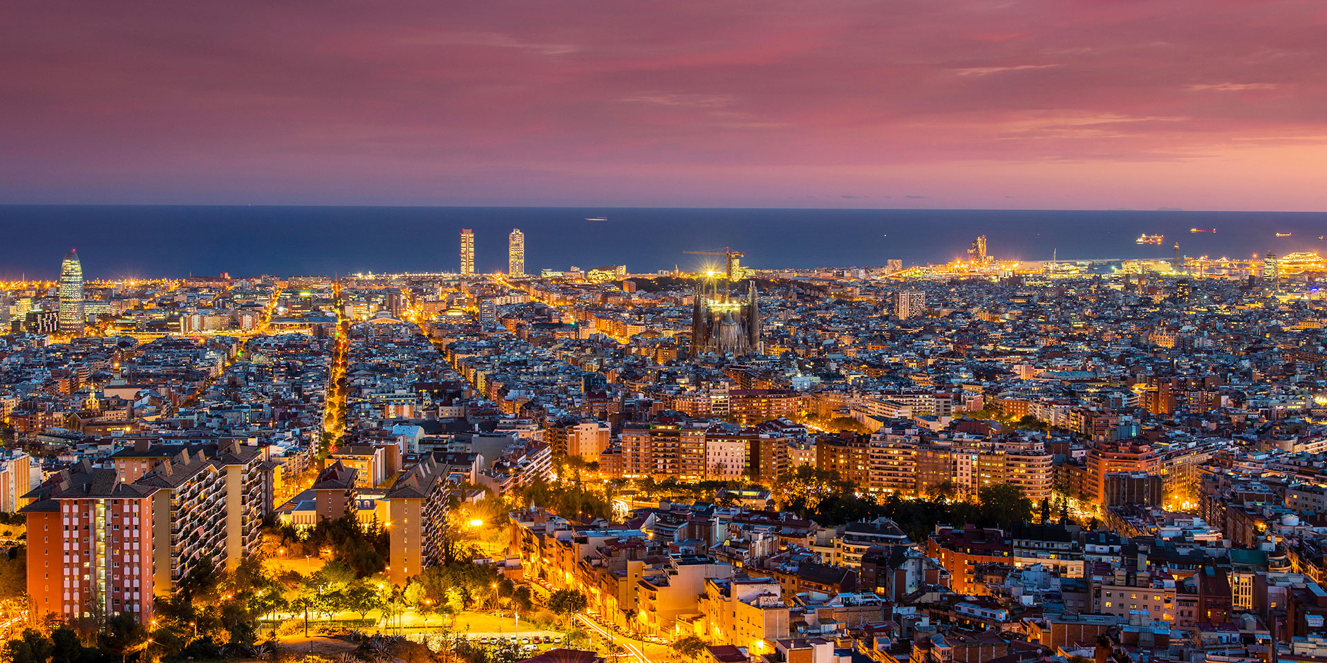 Barcelona sunset over the city.