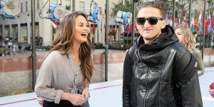 Chrissy Teigen shares a laugh with Casey Neistat in New York City.