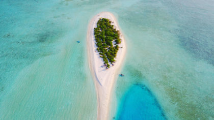 Aerial of a sand bank in the Maldives.