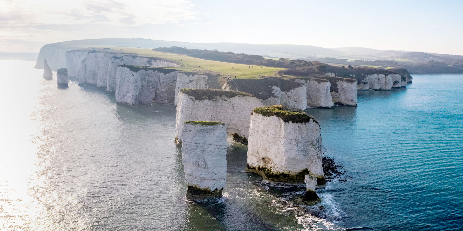 Aerial view of Old Harry Rocks in Bournemouth.