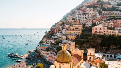 Aerial view of Positano, Italy, along the cliffside.