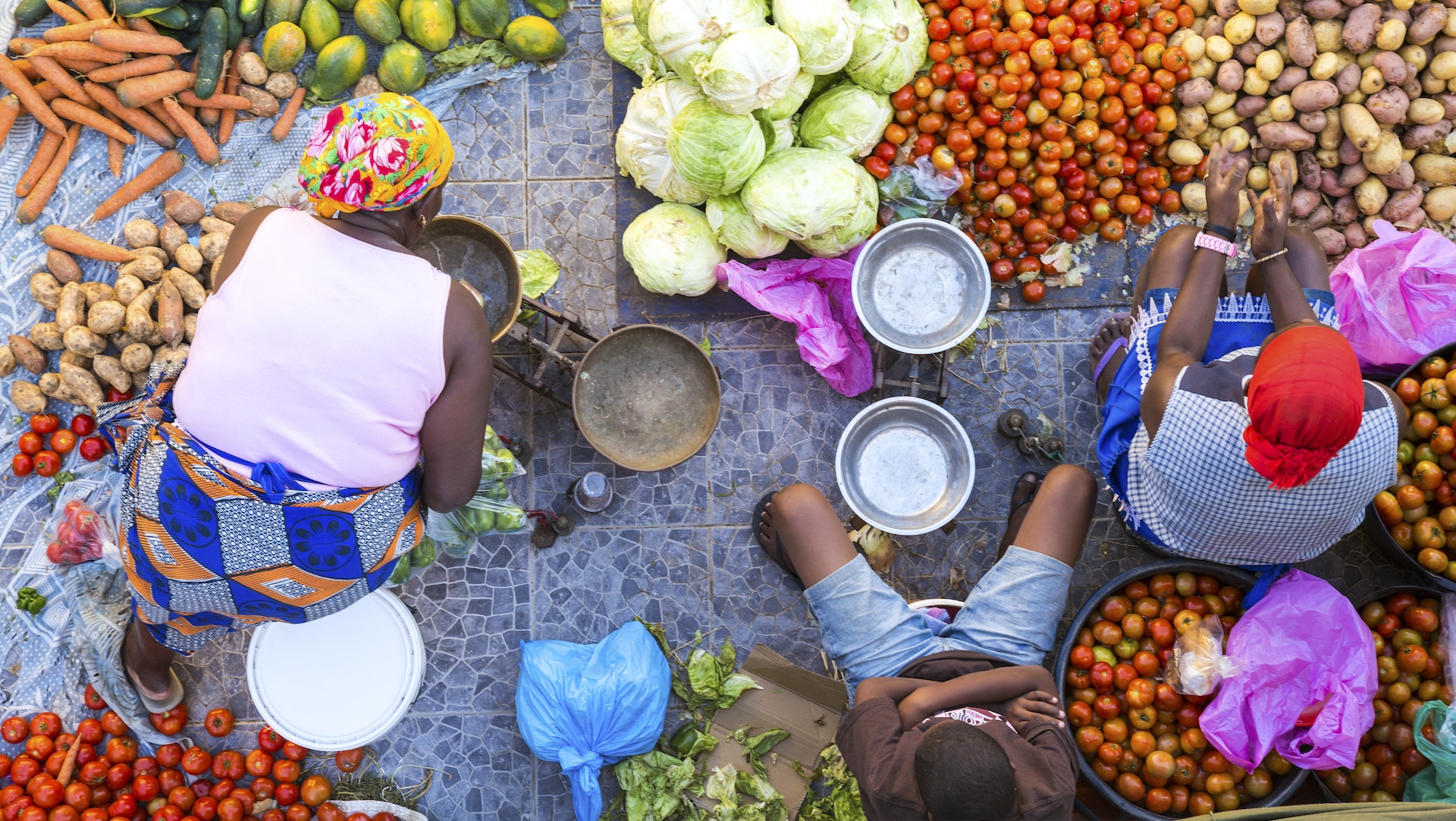 people sitting over brightly colored produce