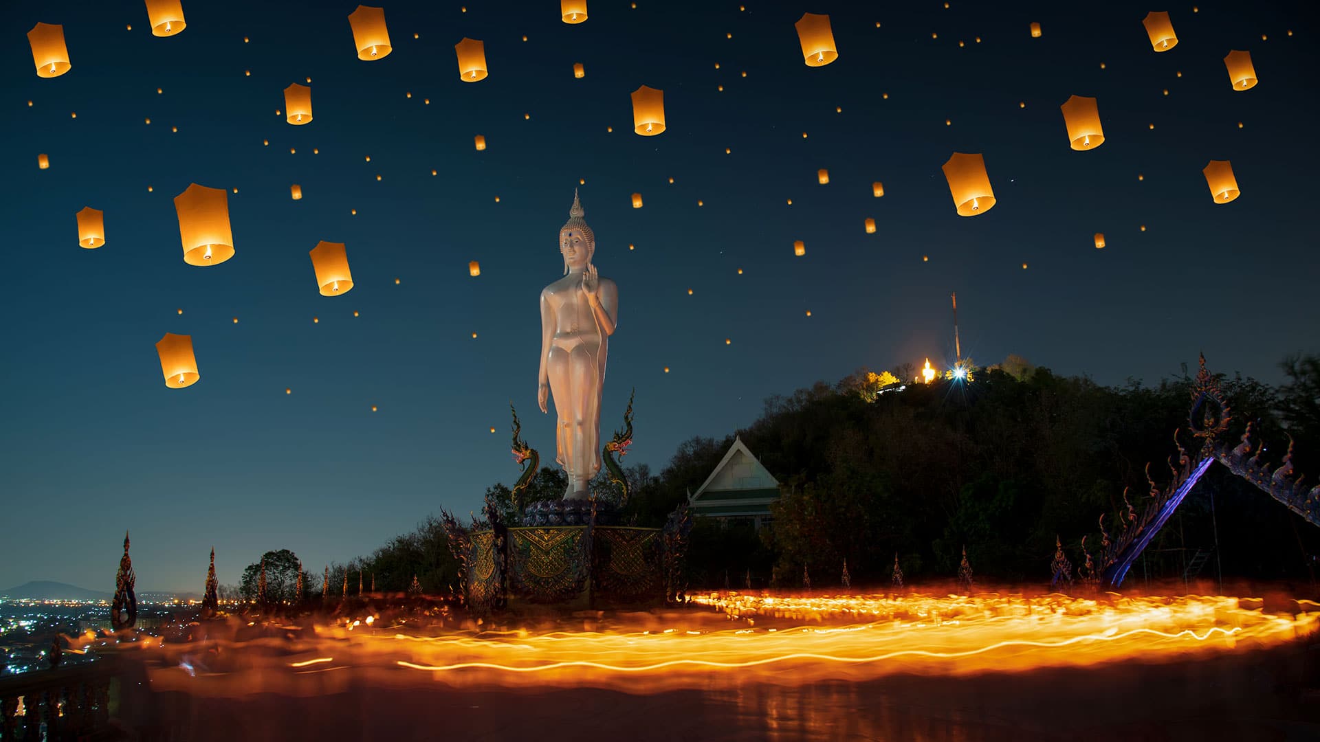 lanterns in night sky in thailand
