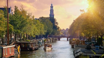 canal in amsterdam at sunset