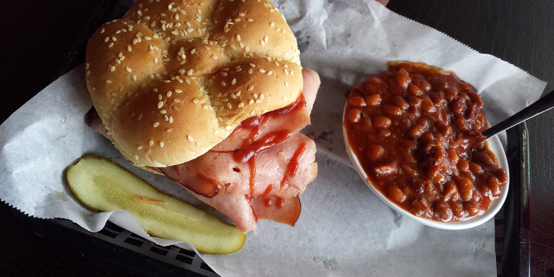kansas city barbecue sandwich and beans