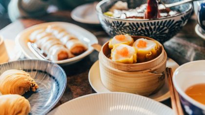 dim sum in basket and plates