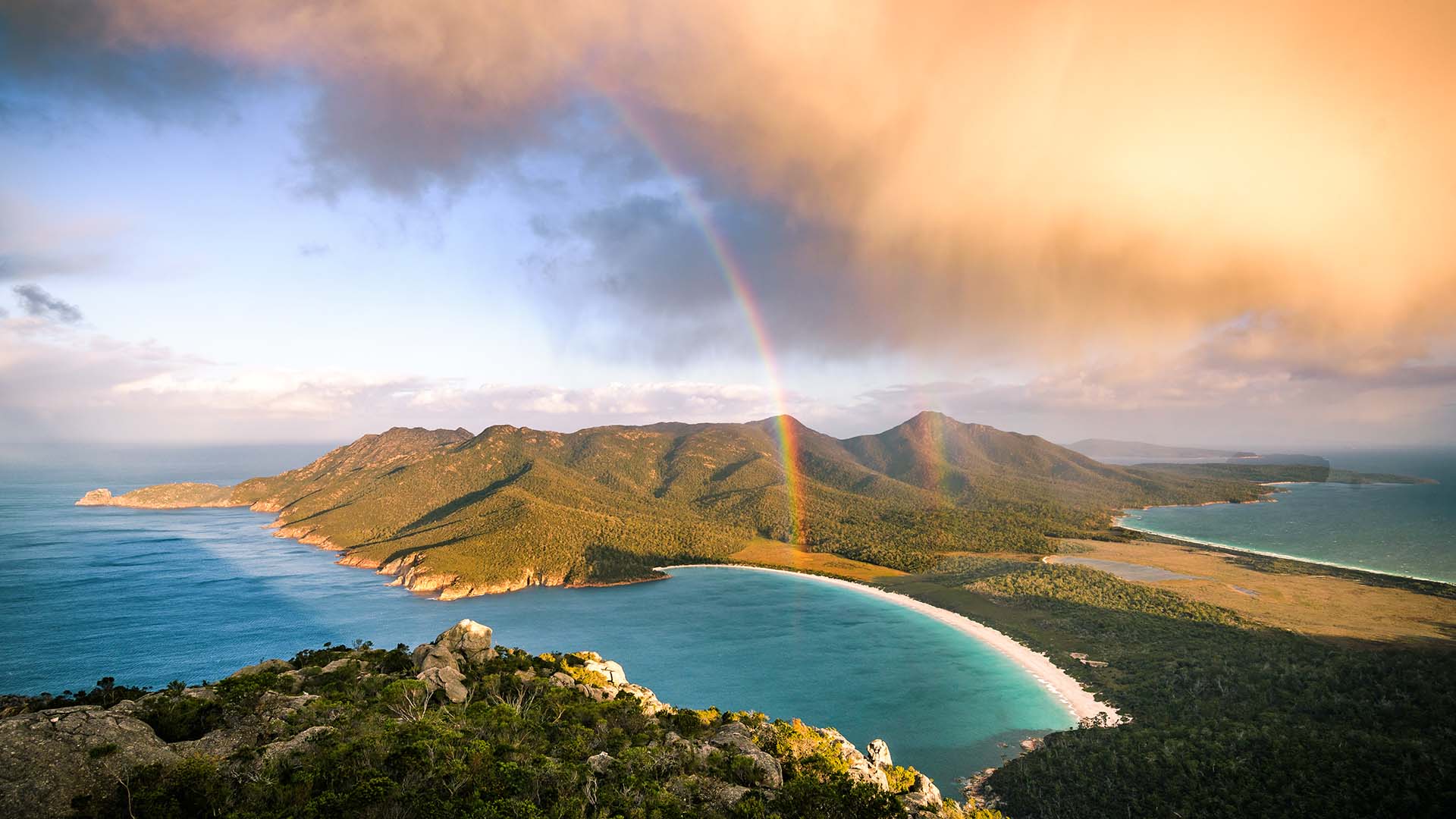 Arial view of rainbow over Tasmania, Australia