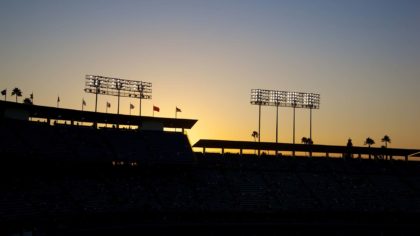 Stands and lights during sunset at Dodger Stadium