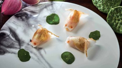 Steamed Minced Garoupa Dumplings in the shape of goldfish from Man Ho