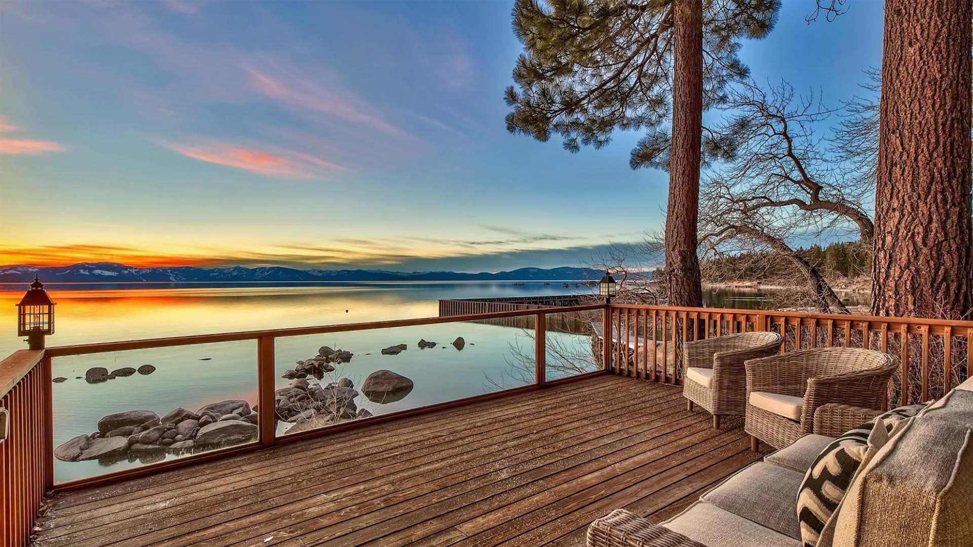 Porch looking out over Lake Tahoe during sunrise.