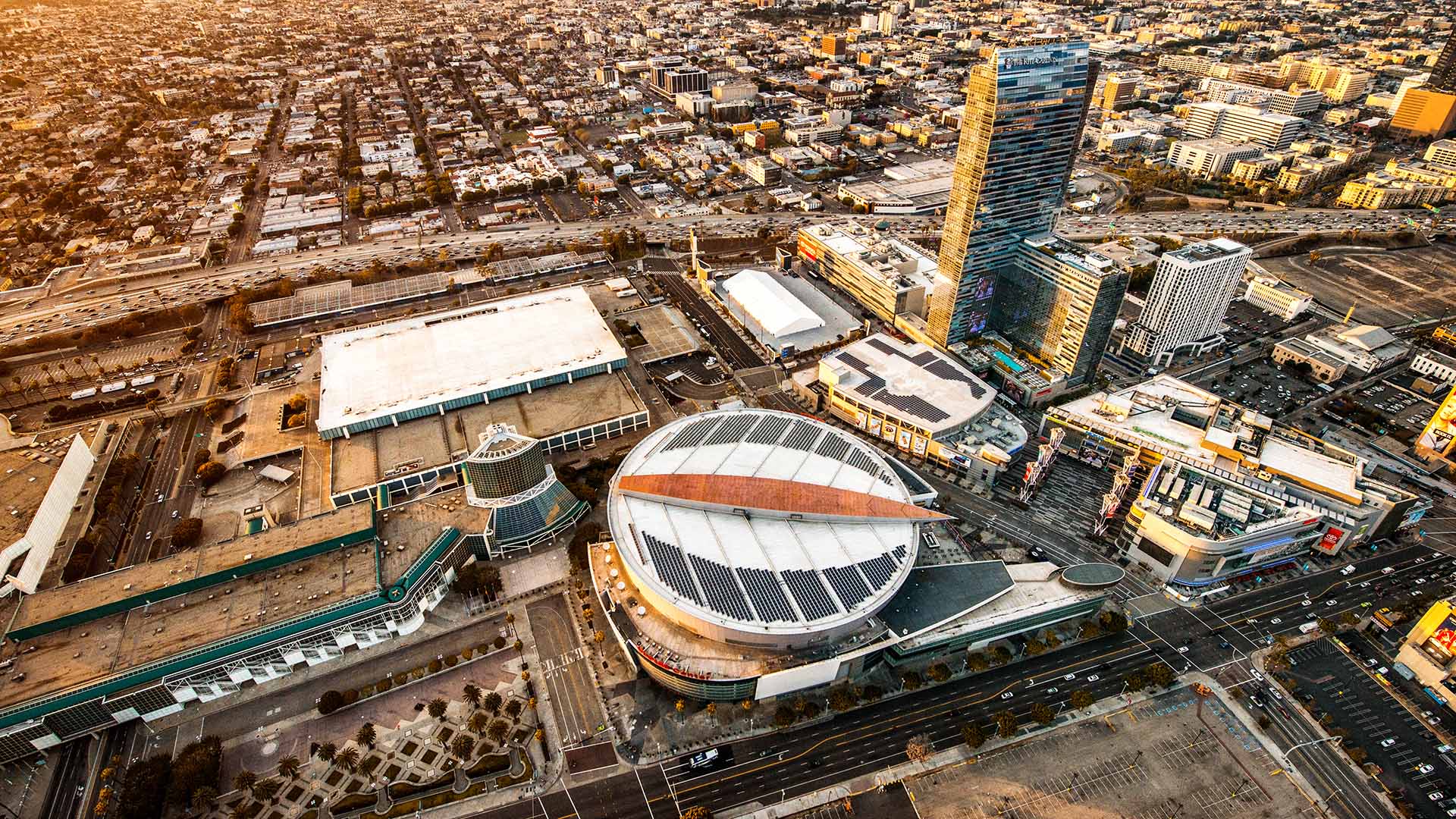Aerial view of the staples center in warm light