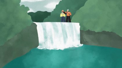 illustration of a couple at a waterfall
