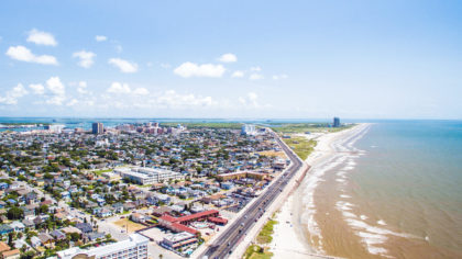 Aerial photo of Galveston City and shoreline