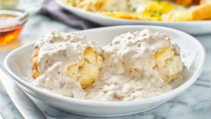 Biscuits and white gravy in bowl