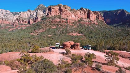 Chicken point in Sedona with two parked Jeeps