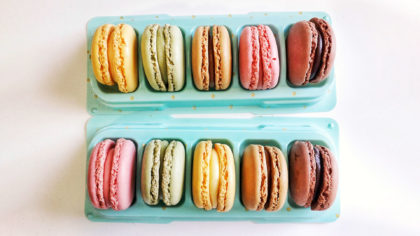 Assorted Macarons in a light blue container