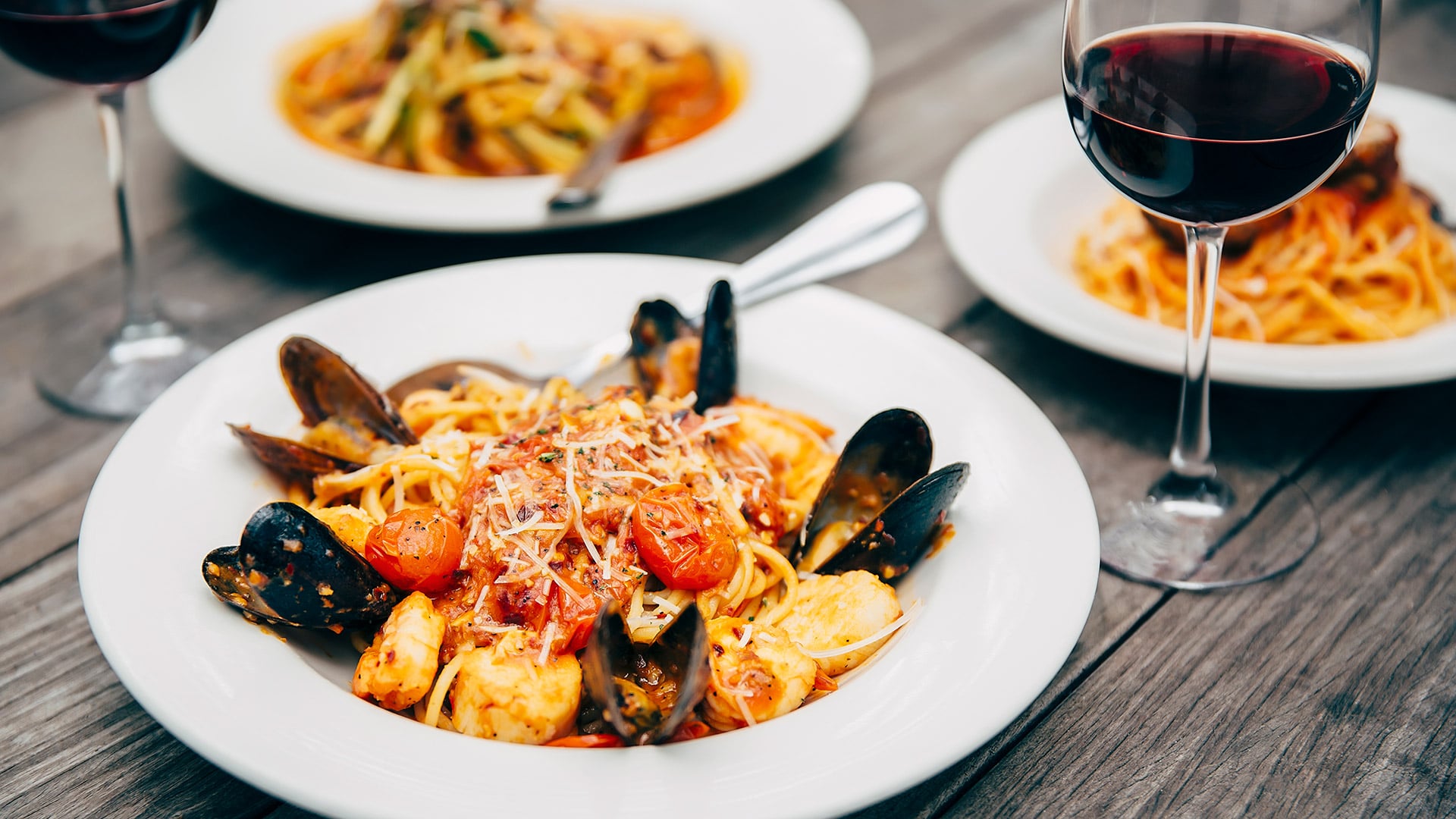 Seafood pasta and red wine