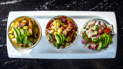 Trio of fresh ceviche on a plate