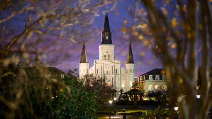 Jackson Square at night through branches