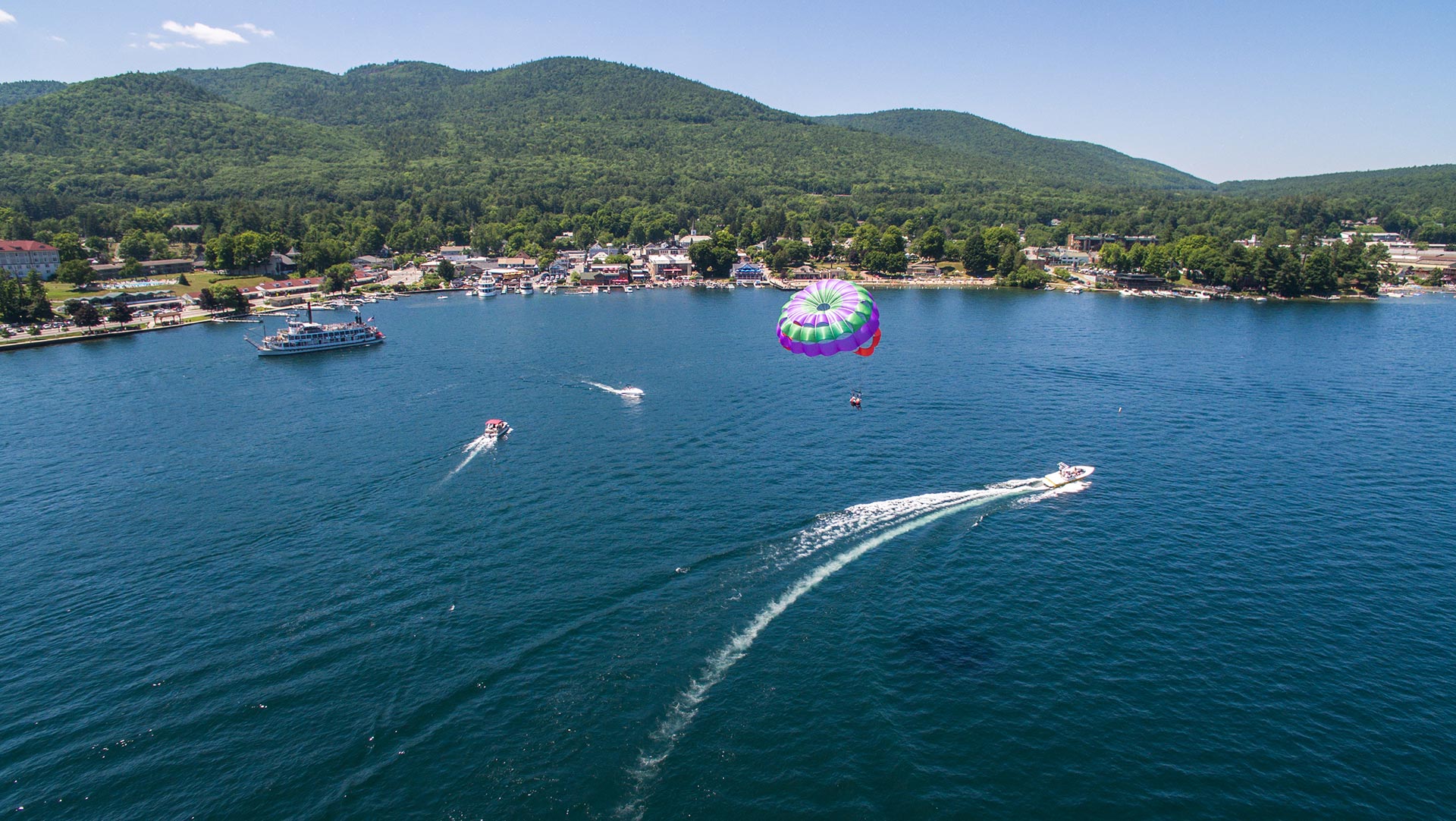 Parasailers during the summer on Lake George
