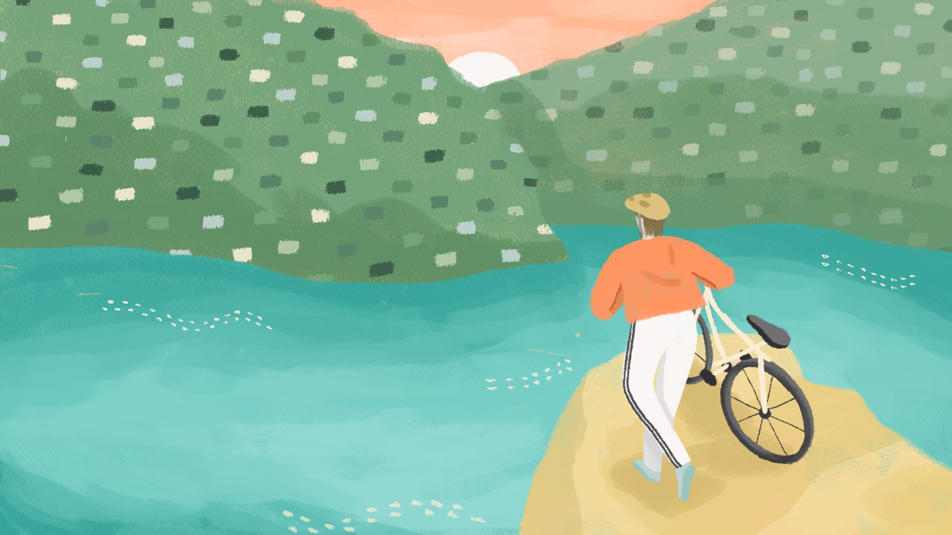 illustration of man with bike looking at lake