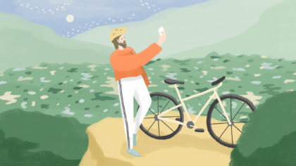 illustration of man taking selfie with bike