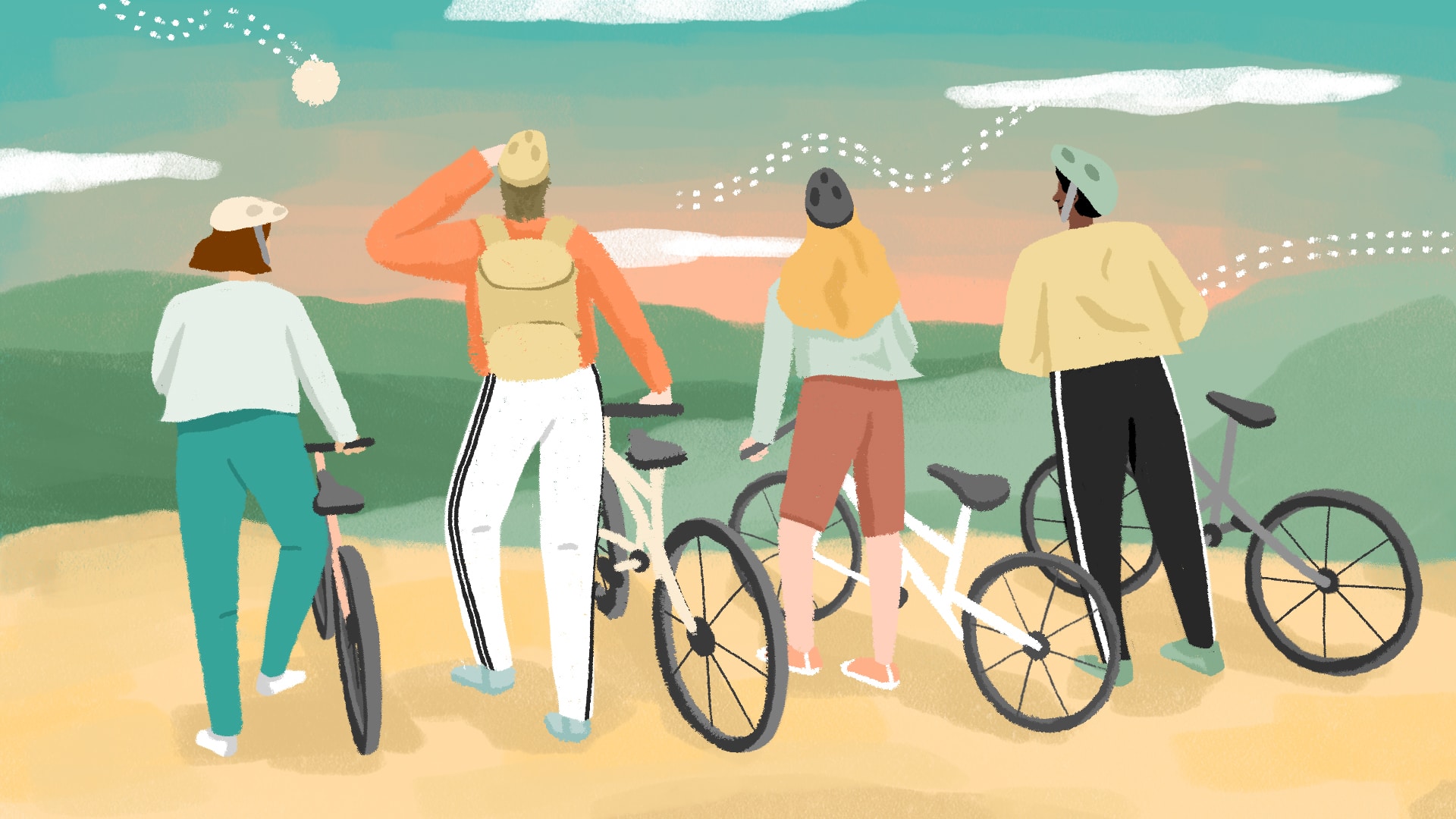 illustration of friends on bikes
