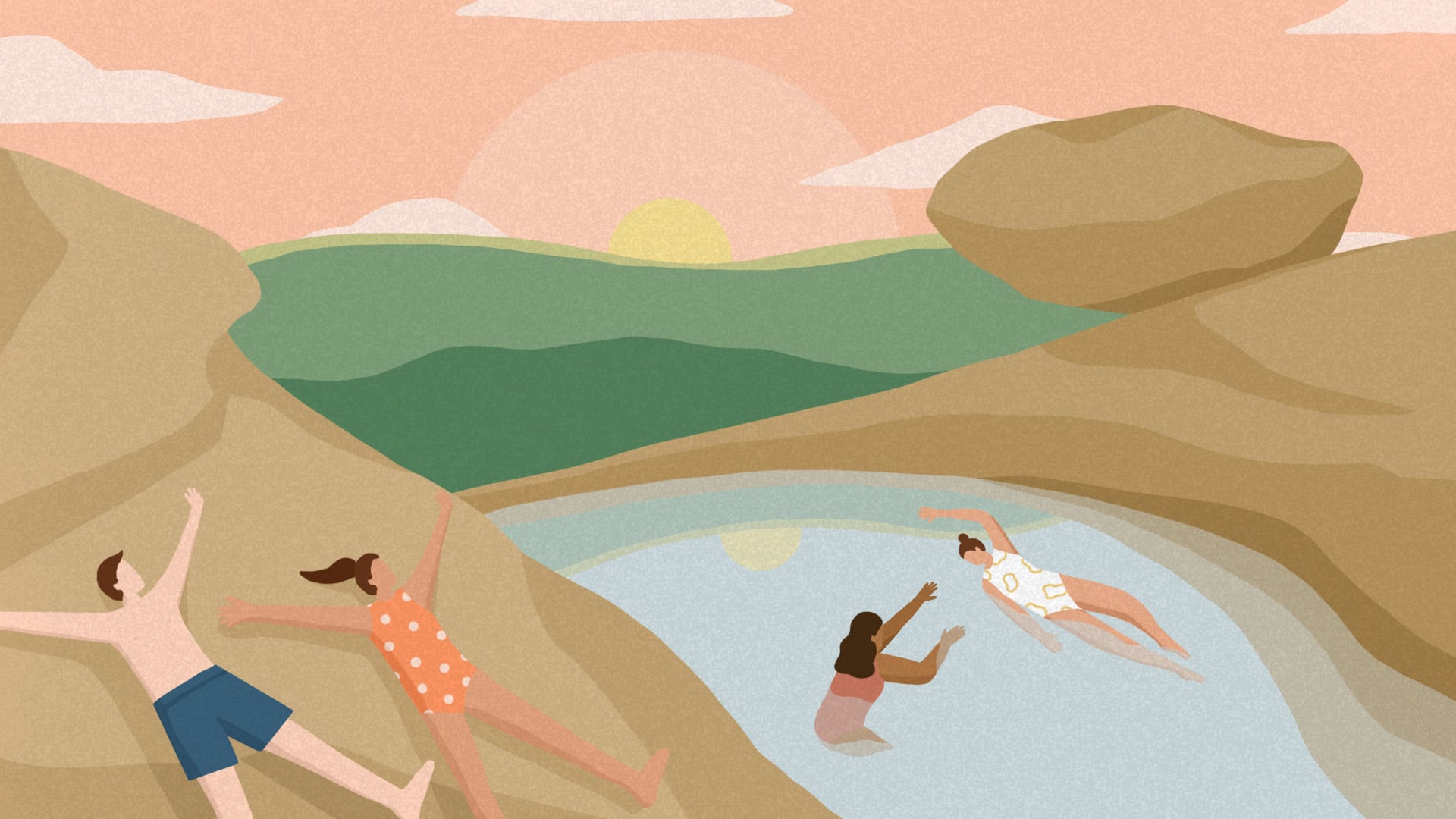 illustration of people swimming and laying on rocks