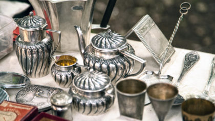 Silver displayed at an antique shop