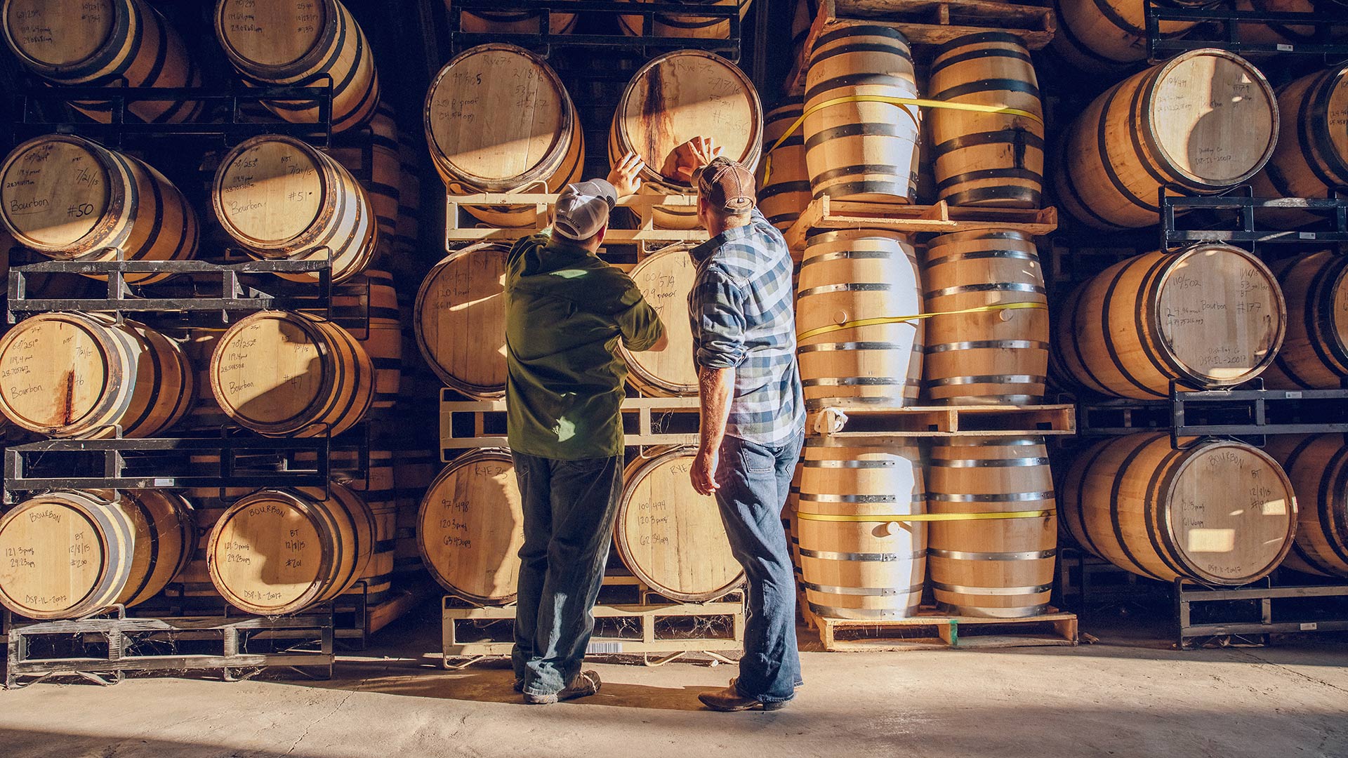 People looking at whiskey in barrels at a distillery