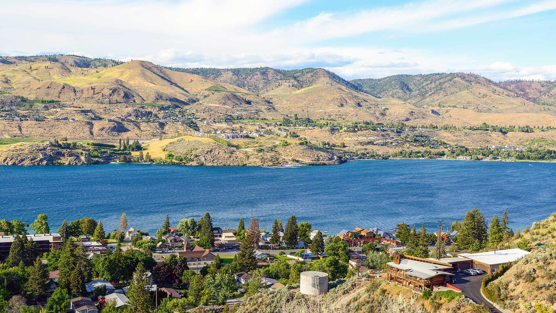 Lake Chelan and mountains on a sunny day