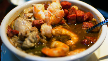 Seafood gumbo in a bowl