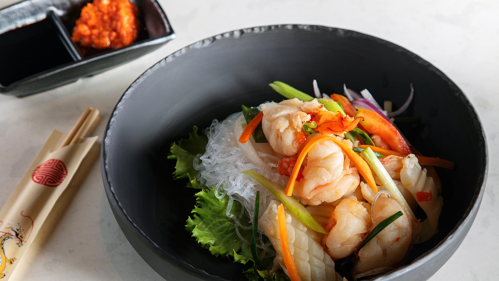 Glass noodle bowl with shrimp