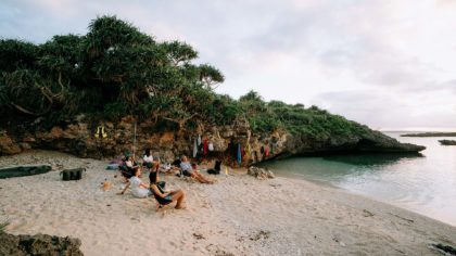 miyako island people in chairs on beach