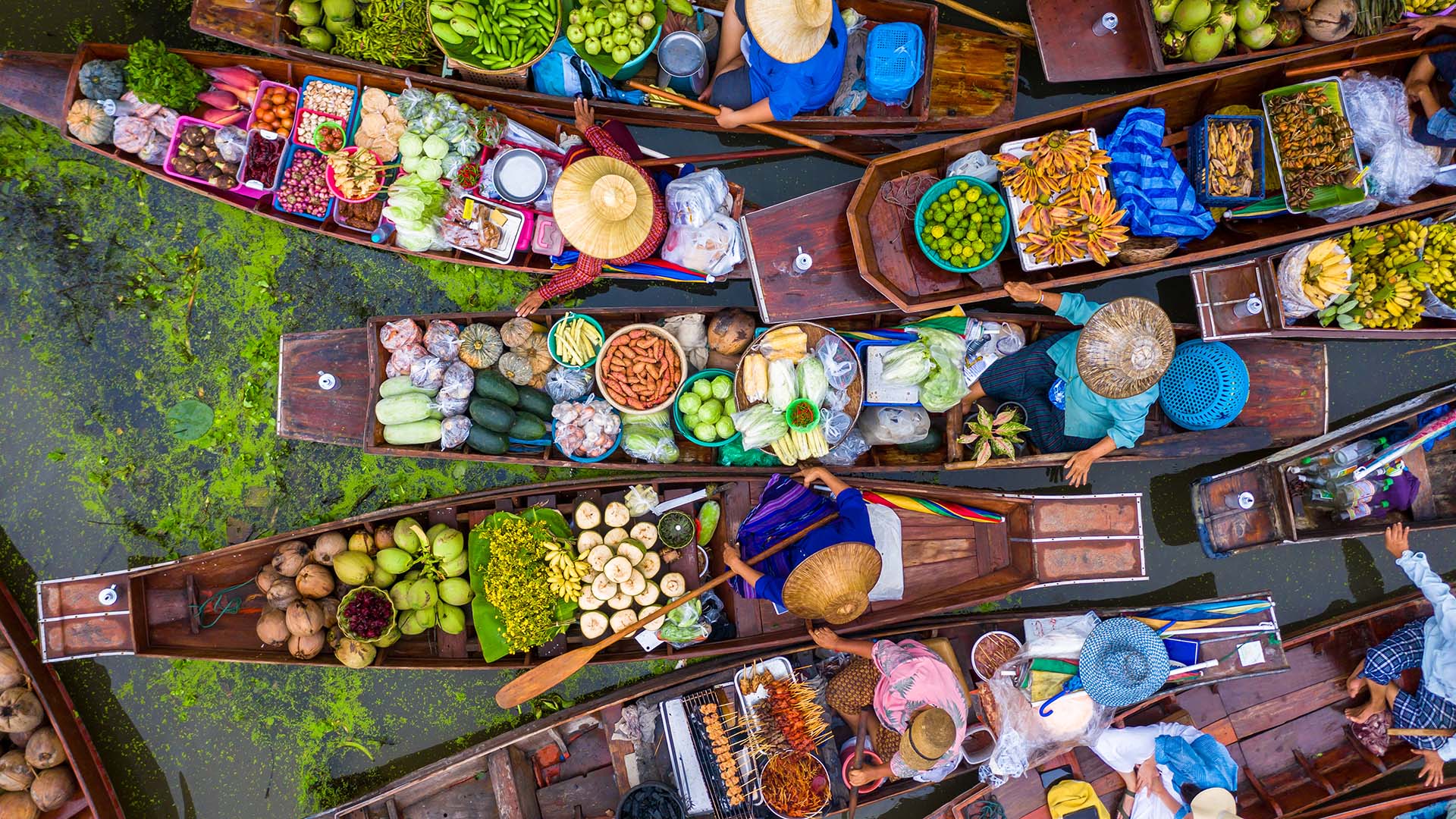 floating market aerial view in thailand