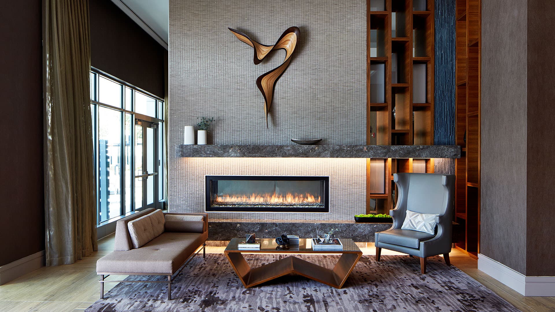 A hotel lobby fireplace in Atlanta, Georgia