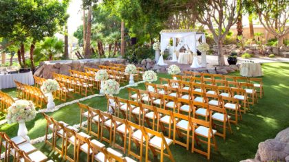 A courtyard wedding ceremony set up