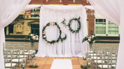 A rooftop wedding ceremony set up