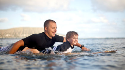 a father & son surfing