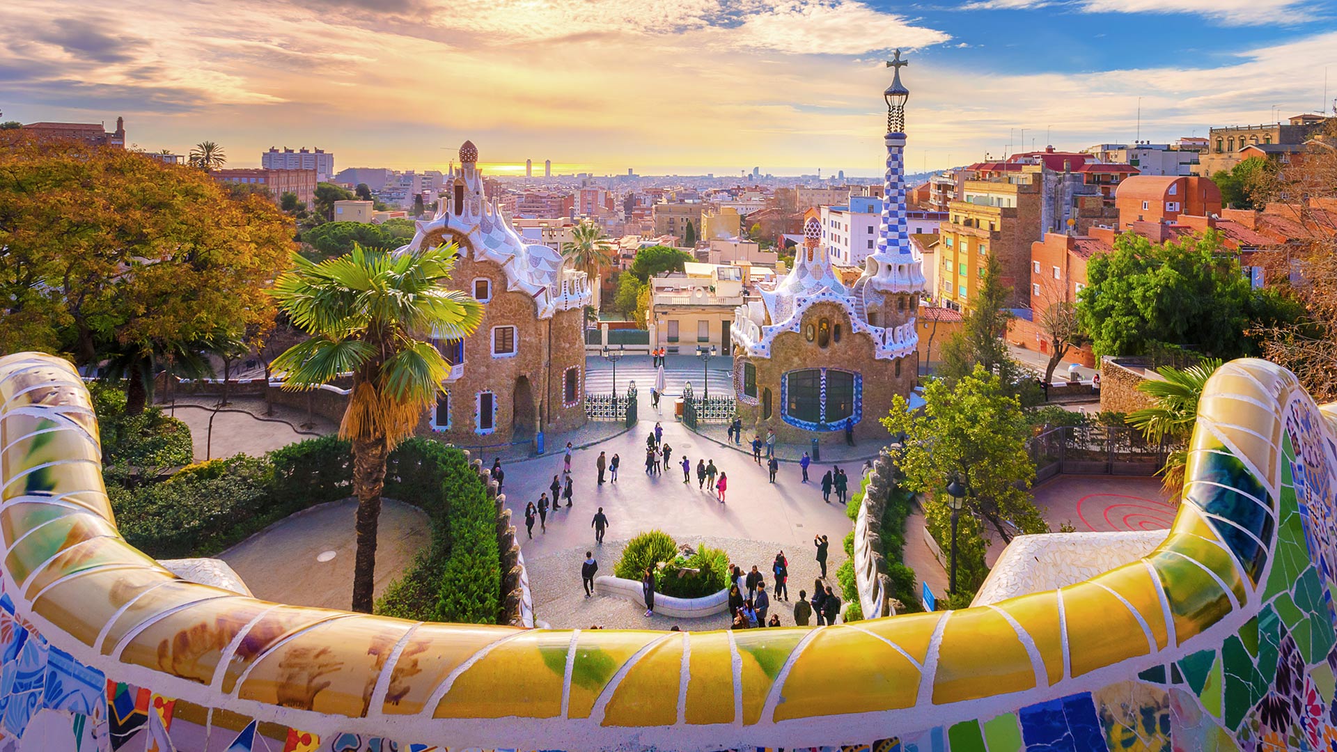 Sunset City View from Park Guell Barcelona Spain