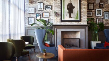 the zachary lobby with fireplace in chicago