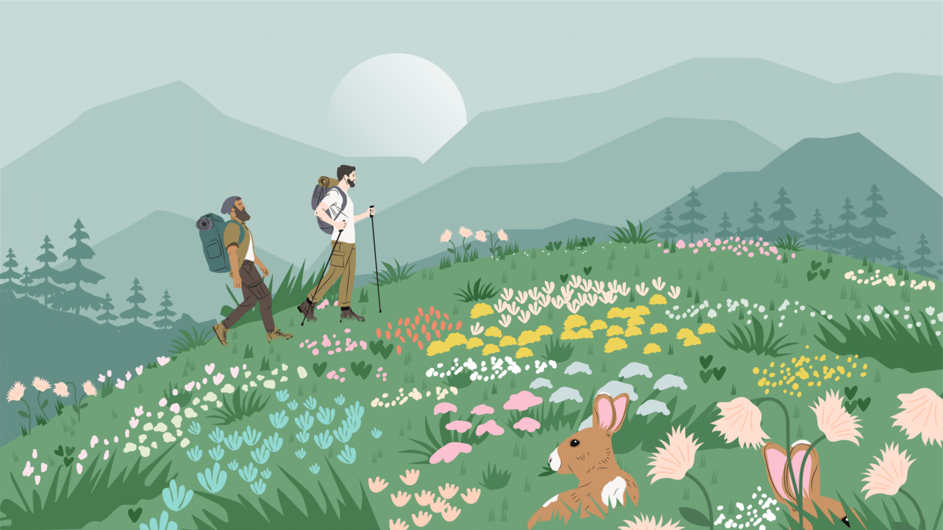 Illustration of two mountain hikers walking a field of wildflowers with two rabbits.