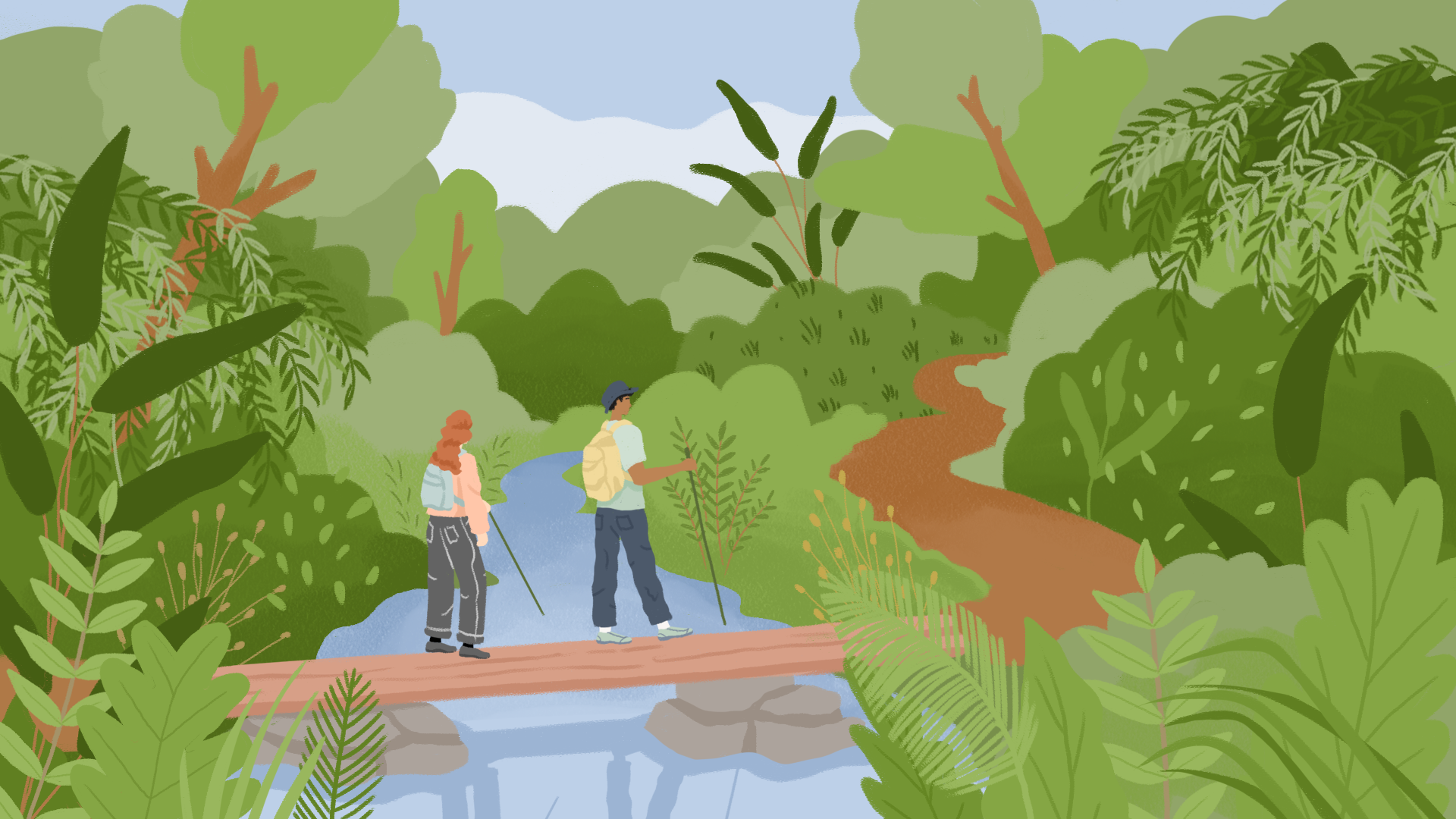 illustration of two people walking over a creek in the forest in Bali, Astungkara Way,
