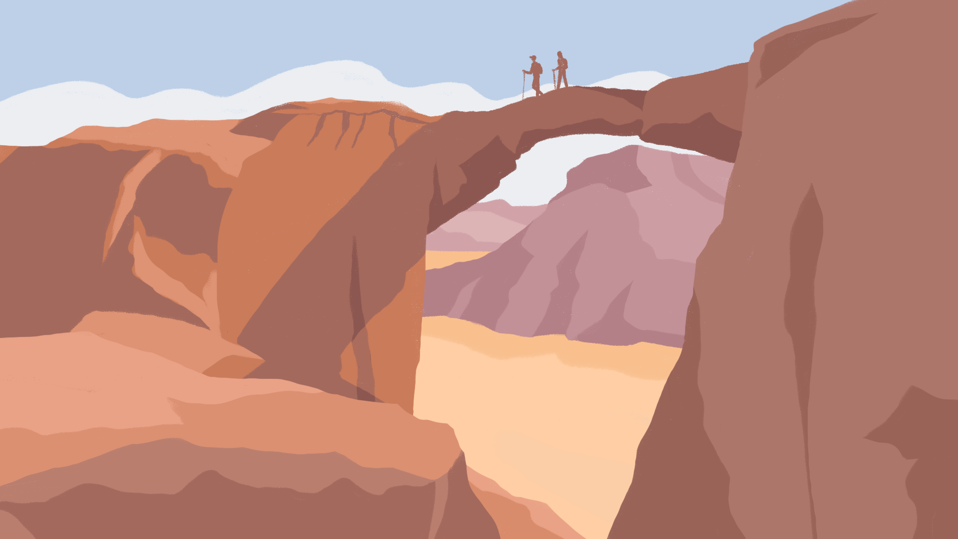 illustration of two people hiking the desert above a red arch in the Jordan Trail