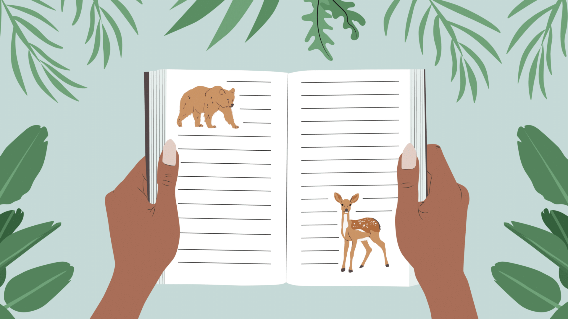 Illustration of green plants and hands opening a book featuring a deer and brown bear.