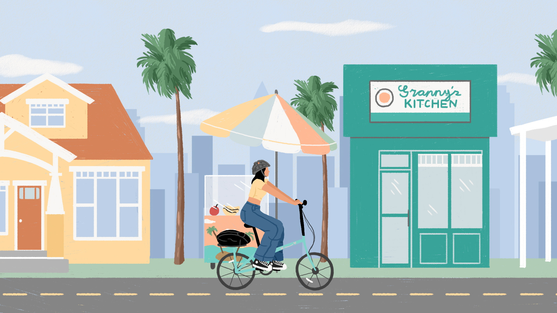 Illustration of girl biking in South Central Los Angeles