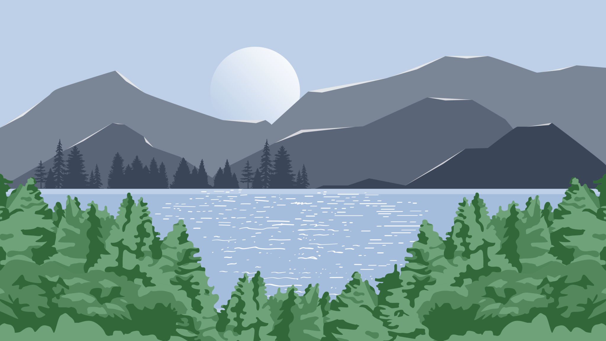 Illustration of pine trees, a lake, and mountains in Breckenridge, Colorado